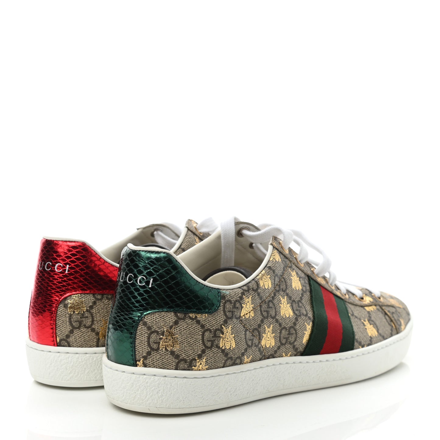 GG Supreme Monogram Bees Ayers Web Womens Ace Sneakers 39.5 Beige Oro Green Red