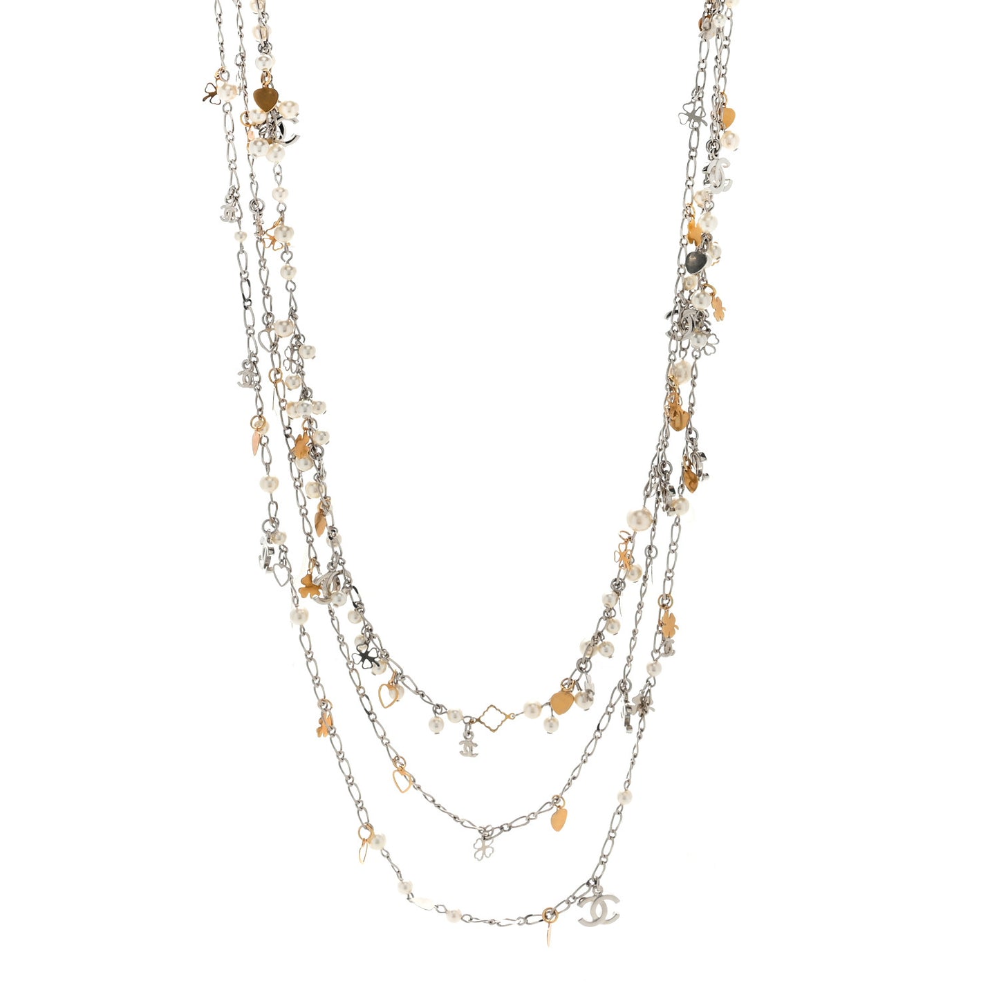 Pearl CC Lucky Charms Long Necklace Silver