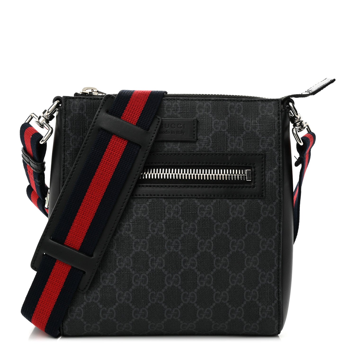 Gucci GG Supreme Monogram Web Small Flat Messenger Bag Black Grey 1 of 12