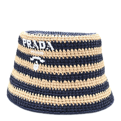 Prada Raffia Striped Logo Embroidered Womens Bucket Hat M Naturale Baltico 1 of 8