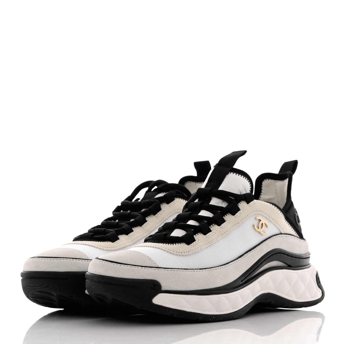 Velvet Calfskin Mixed Fibers CC Sneakers 37.5 Ivory Black