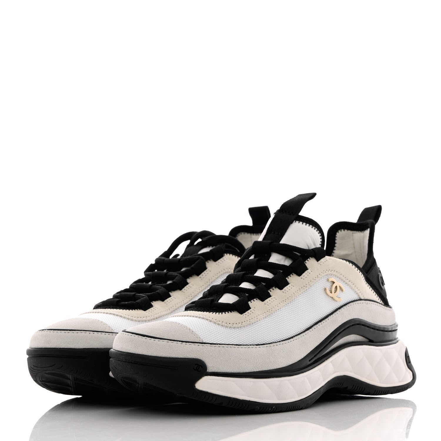 Chanel Velvet Calfskin Mixed Fibers CC Sneakers 37.5 Ivory Black 3 of 11