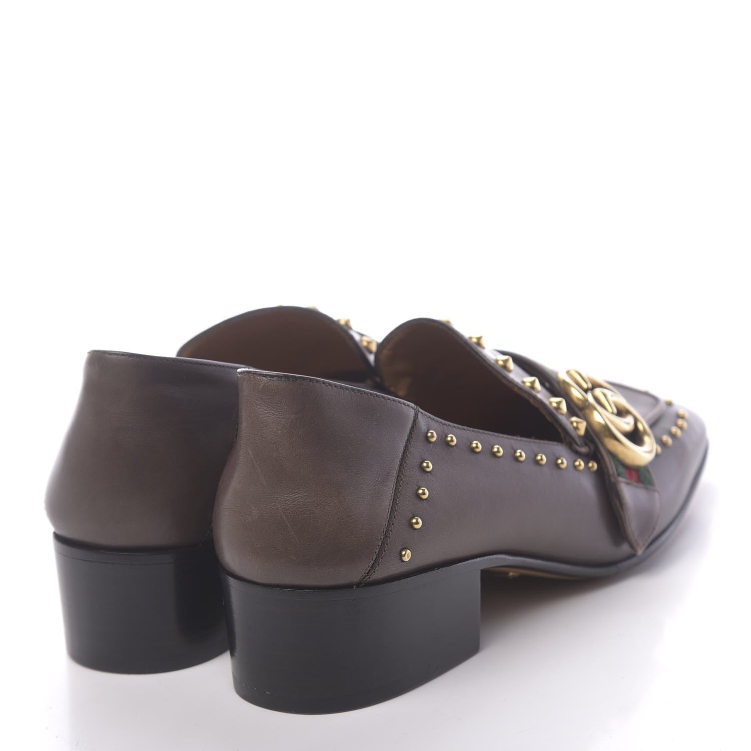 Gucci Calfskin Web Studded Peyton Loafers 35.5 Brown 4 of 11