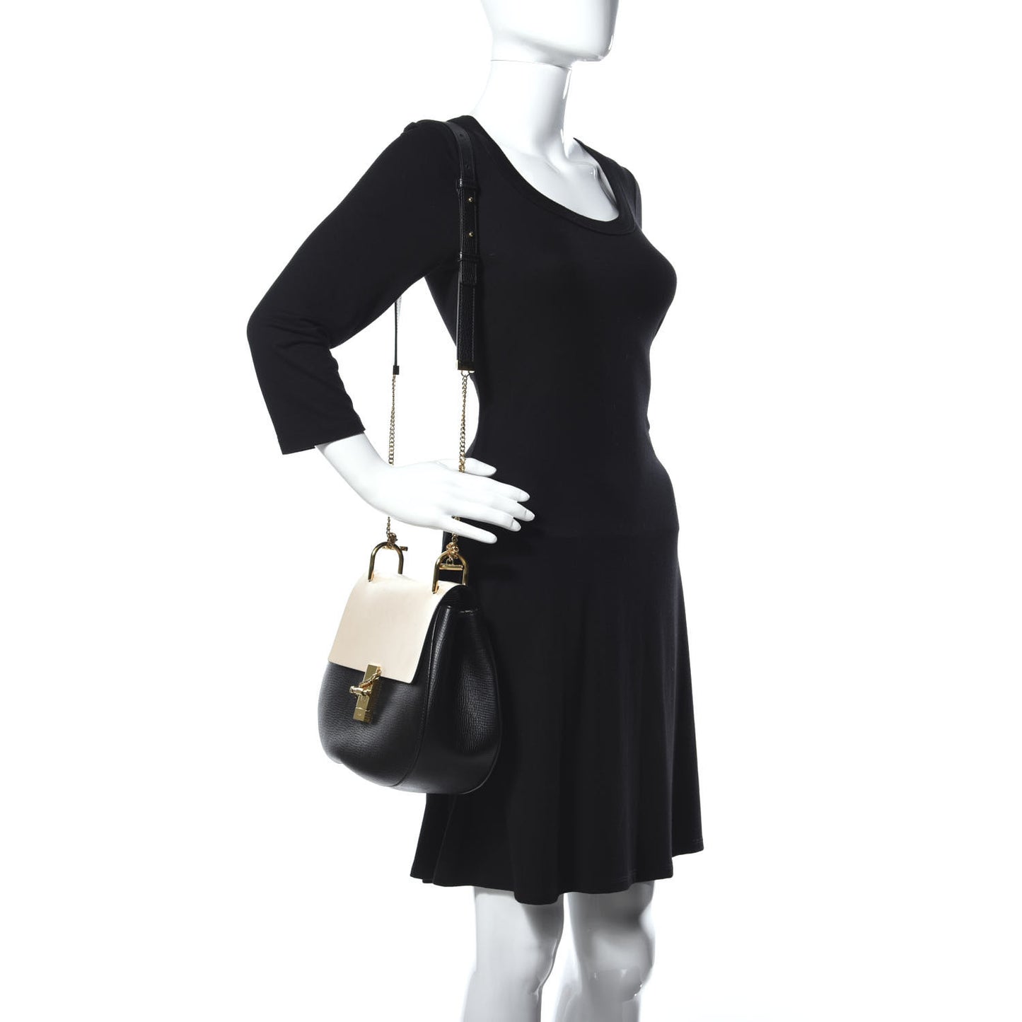 Grained Calfskin Lambskin Bi-Color Drew Shoulder Bag Black Powder Beige