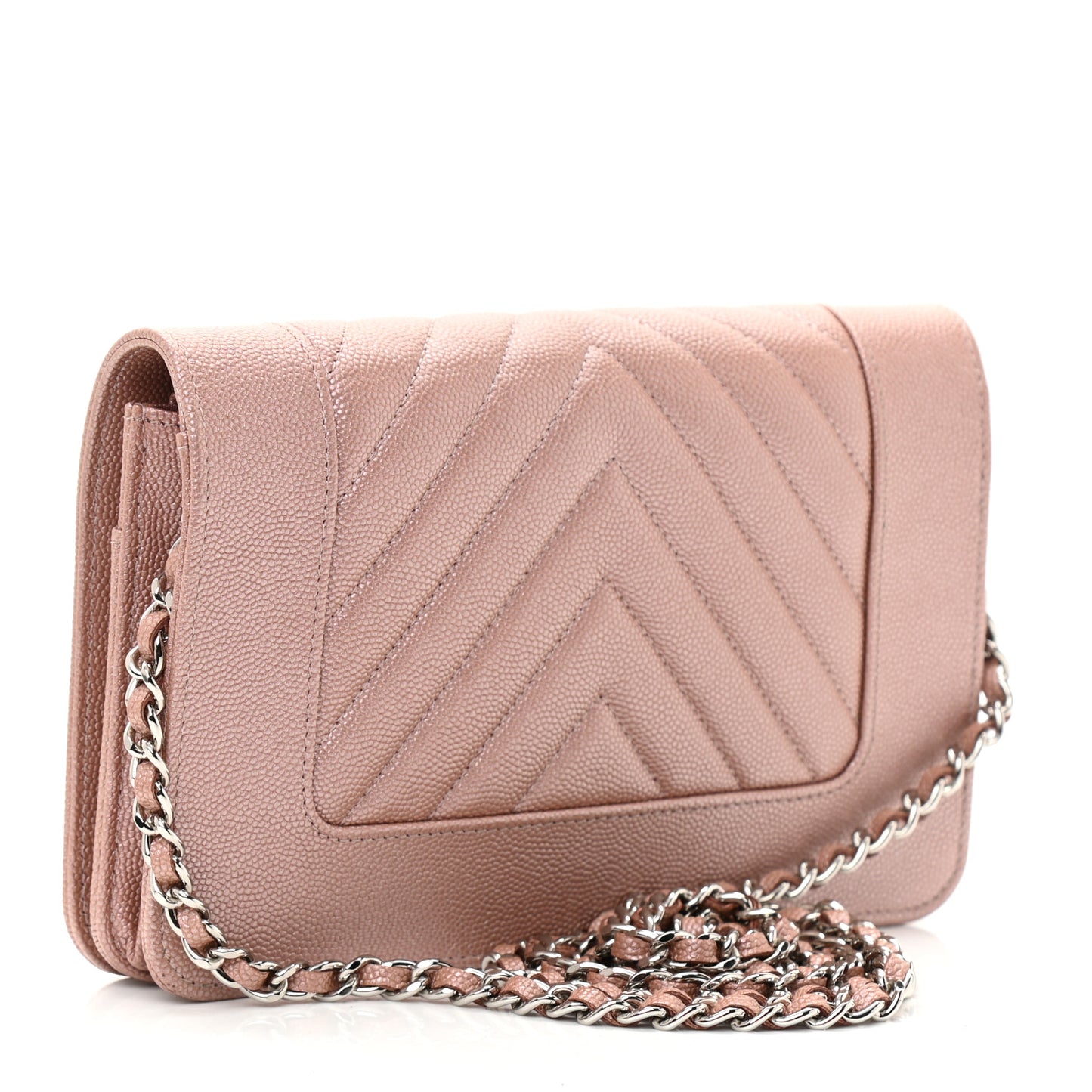 Metallic Caviar Chevron Quilted Vintage Mademoiselle Wallet On Chain WOC Pink
