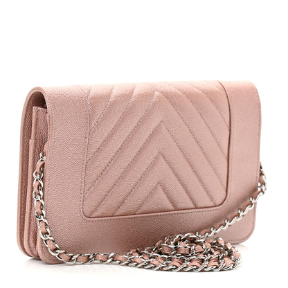 Chanel Metallic Caviar Chevron Quilted Vintage Mademoiselle Wallet On Chain WOC Pink 3 of 9