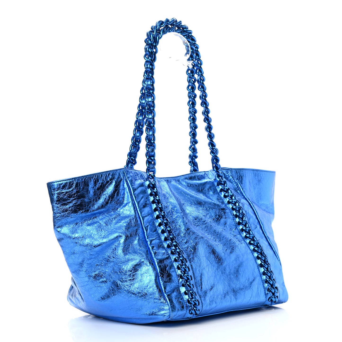 Metallic Cracked Calfskin Modern Chain Tote Blue