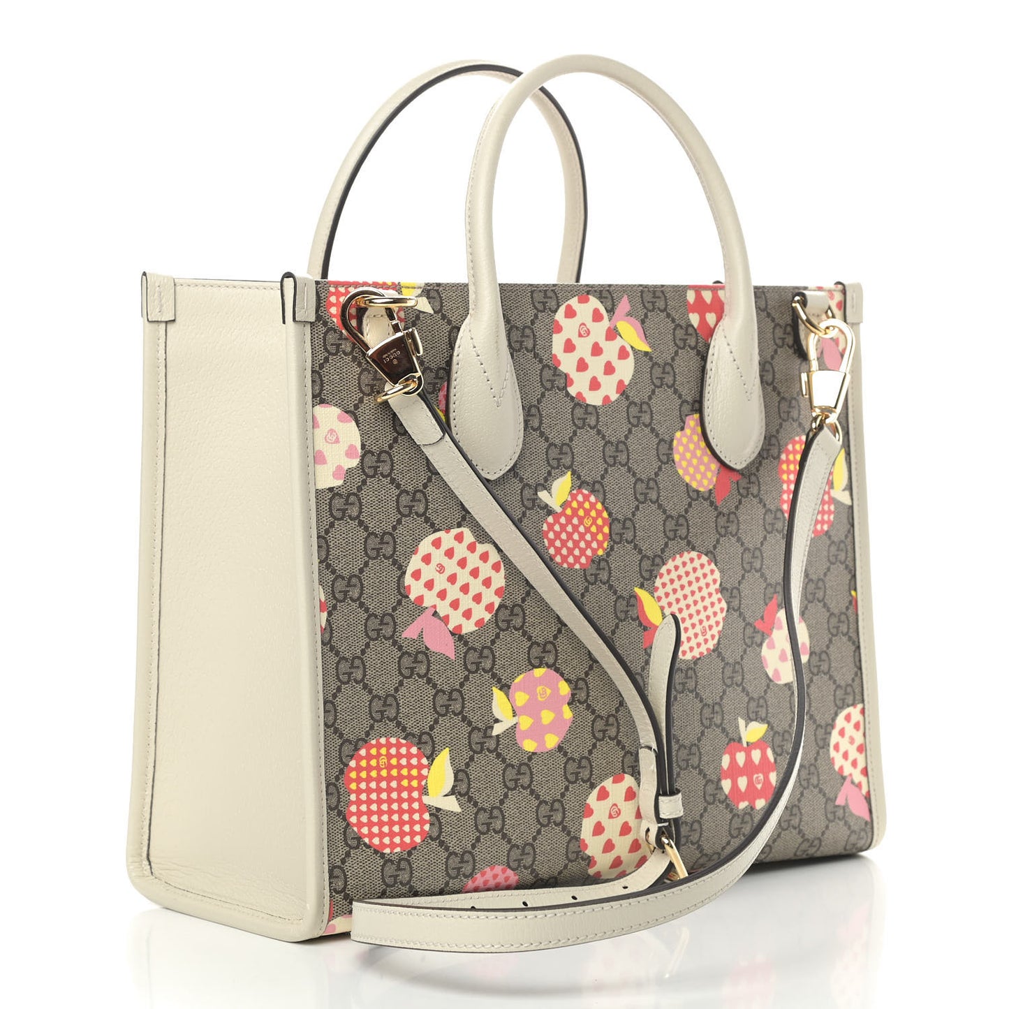 GG Supreme Monogram Textured Calfskin Les Pommes Small Retro Interlocking G Tote Bag Beige Multicolor Mystic White
