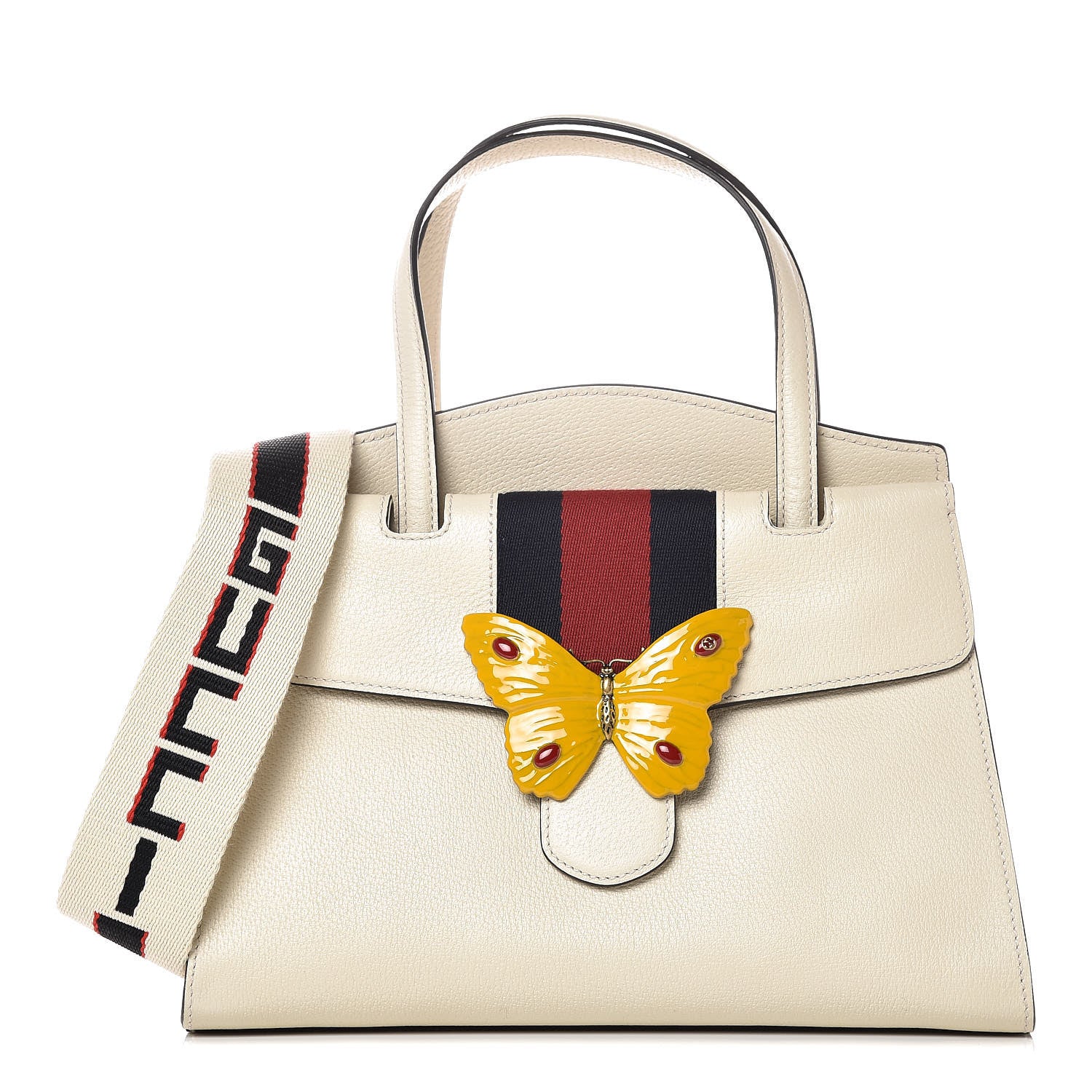 Gucci Grained Calfskin Web Stripe Butterfly Medium Totem Top Handle Bag White 1 of 7