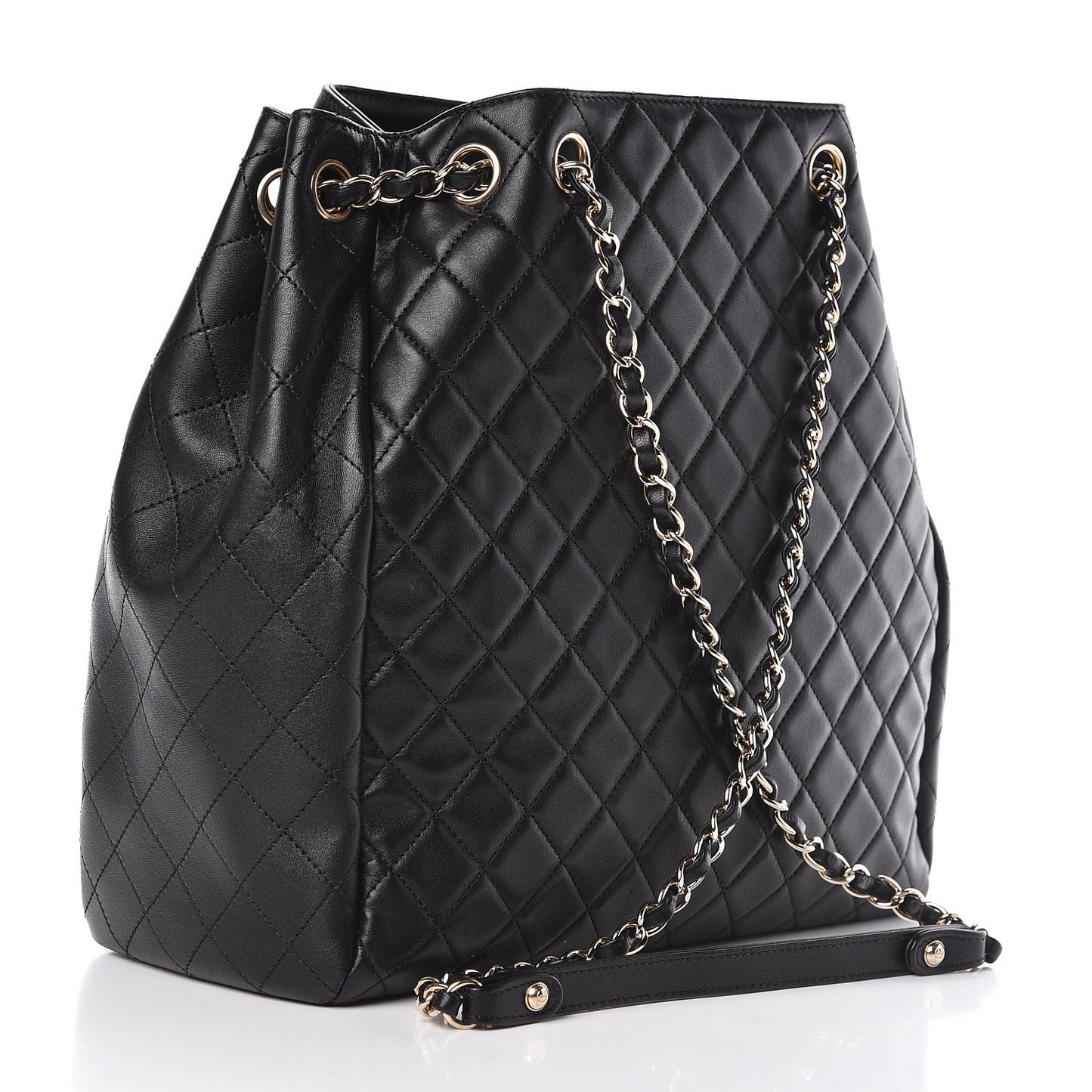 Lambskin Quilted Large Drawstring Bag Black