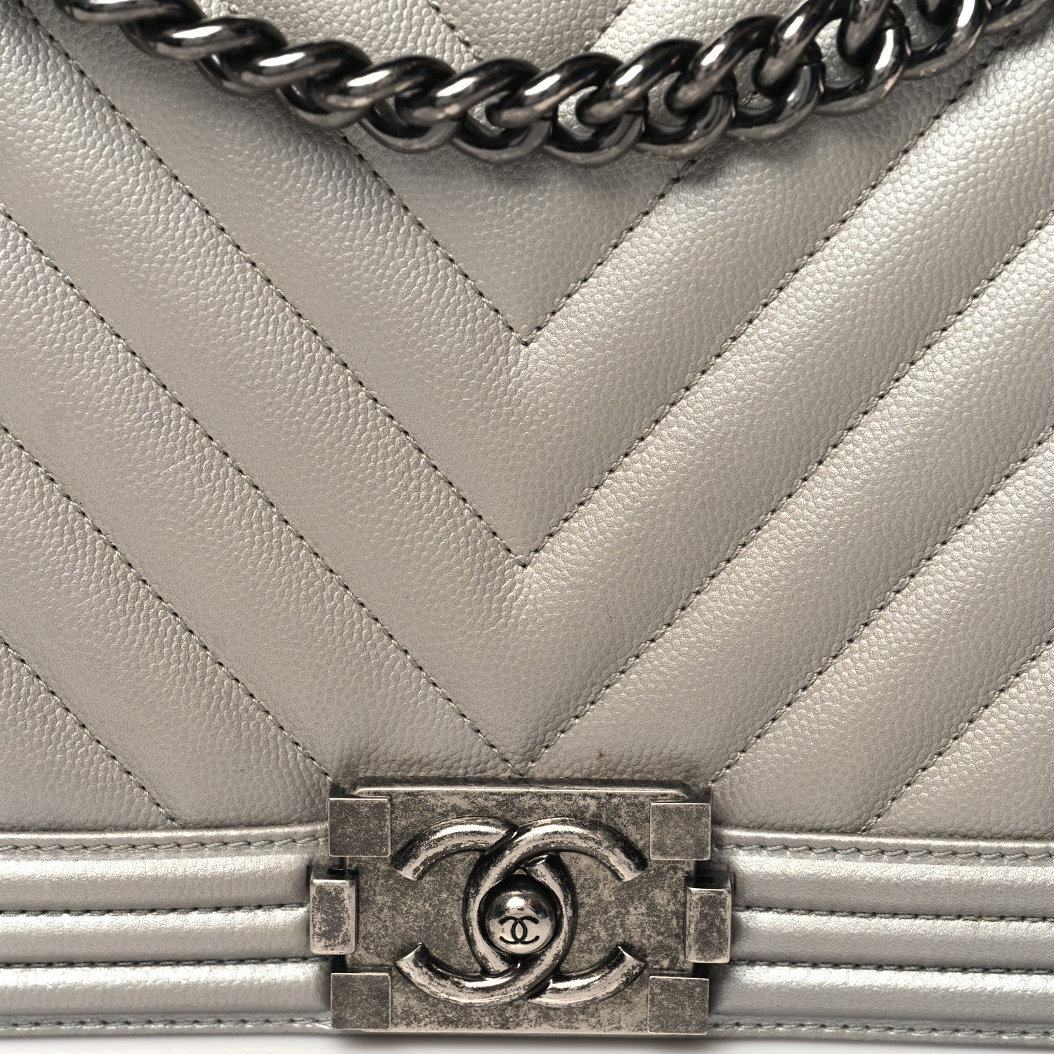 Chanel Metallic Caviar Chevron Quilted New Medium Boy Flap Silver 8 of 11