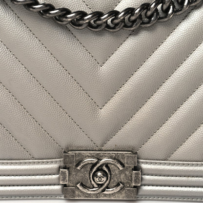 Chanel Metallic Caviar Chevron Quilted New Medium Boy Flap Silver 8 of 11