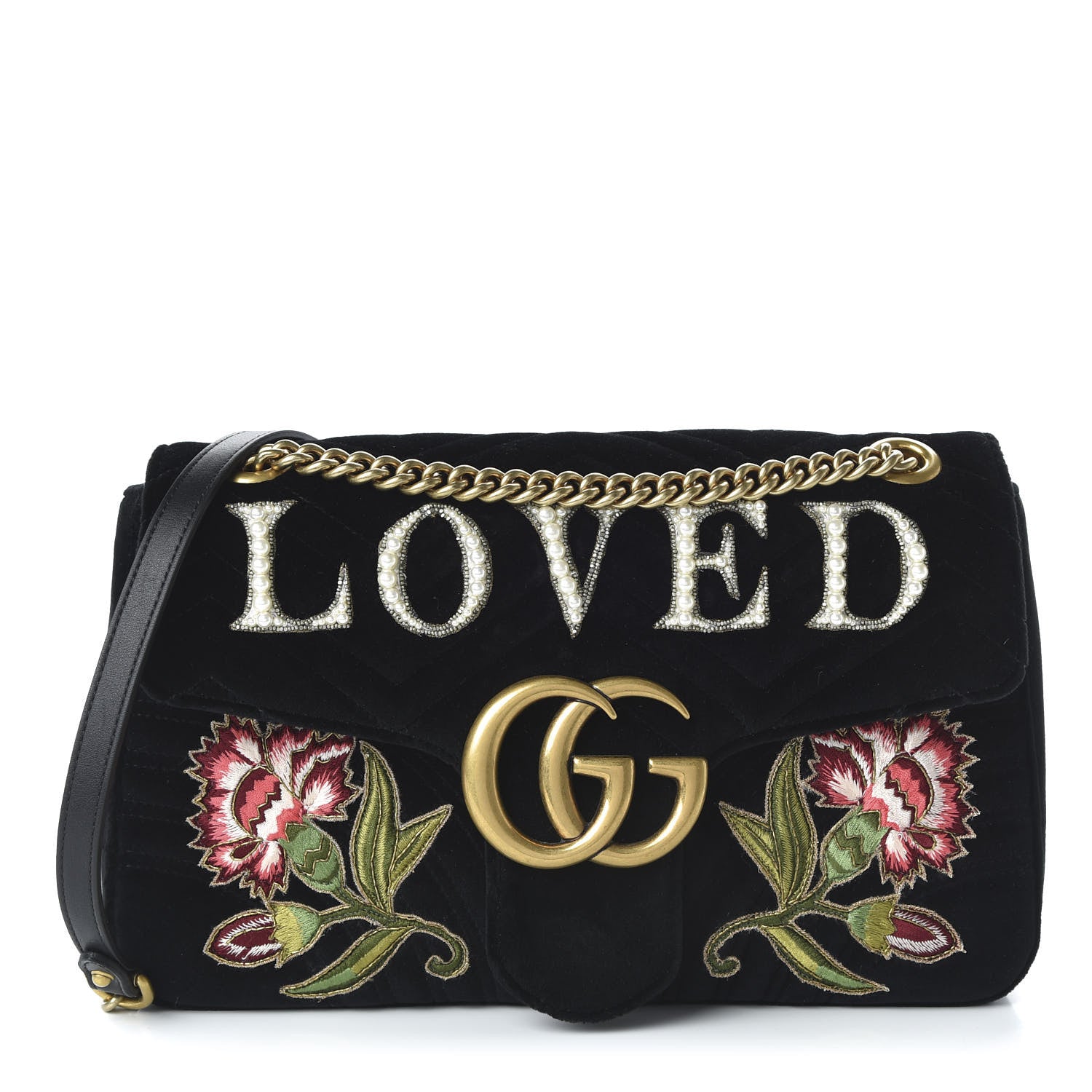 Gucci Velvet Matelasse Loved Embroidered Medium GG Marmont Shoulder Bag Black 1 of 10