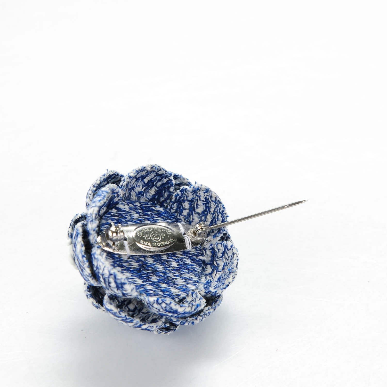 Chanel Tweed Camellia CC Brooch Lapel Pin Blue 3 of 5