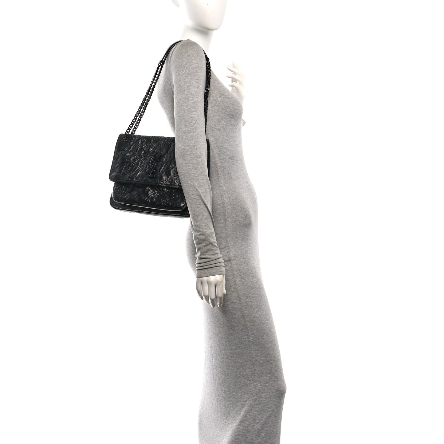 Crinkled Calfskin Matelasse Monogram Medium Niki Chain Satchel Black