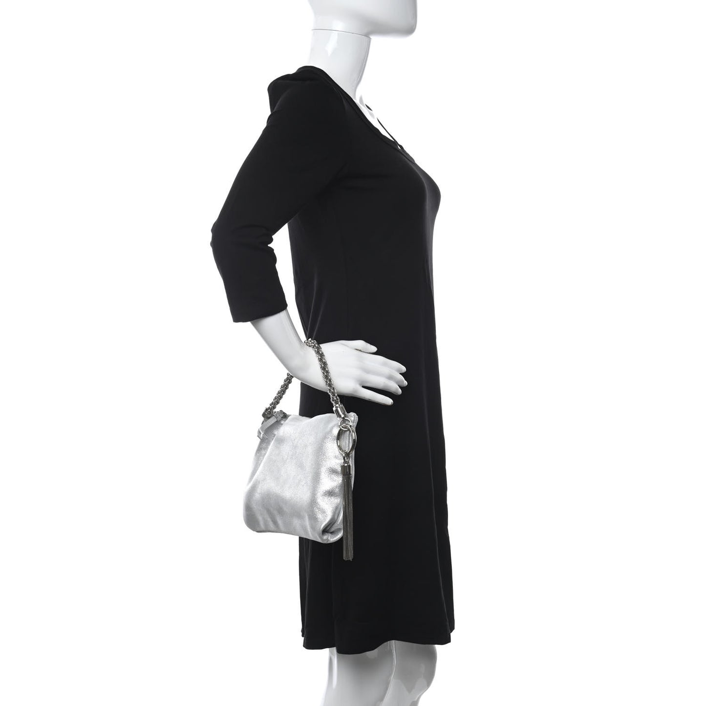 JIMMY CHOO Metallic Goatskin Callie Mea Tassel Shoulder Bag Silver