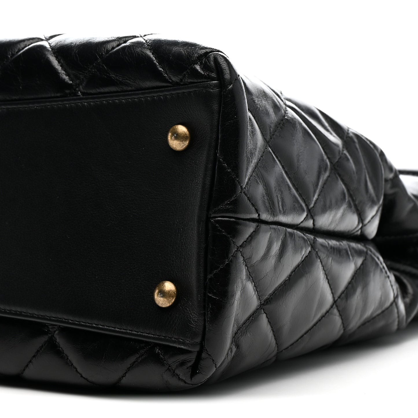 Glazed Calfskin Quilted Gold Bar Tote Black
