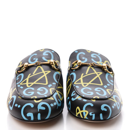 Gucci Calfskin GucciGhost Print Womens Princetown Slippers 38 Black New Acquamarine 2 of 9