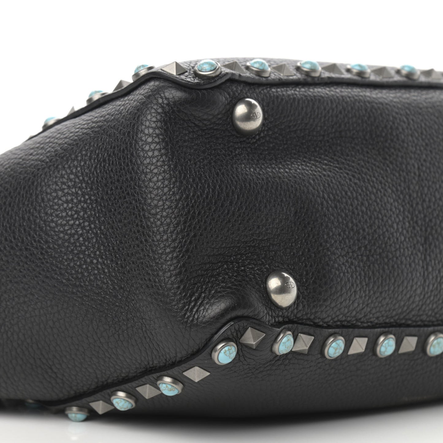 Grained Calfskin Turquoise Small Rockstud Rolling Tote Black