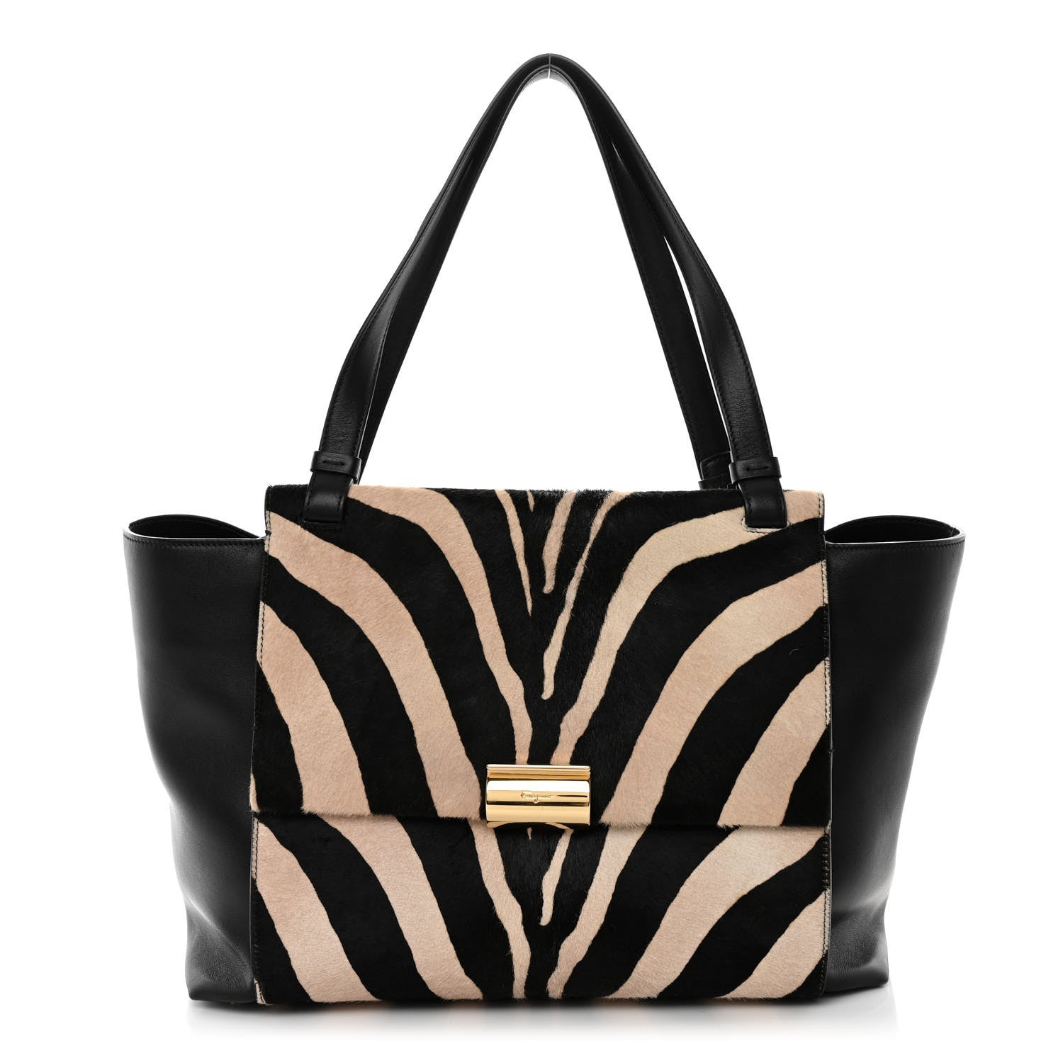 Salvatore Ferragamo Calfskin Calf Hair Zebra Print Bitter Pocket Tote Black White 1 of 9