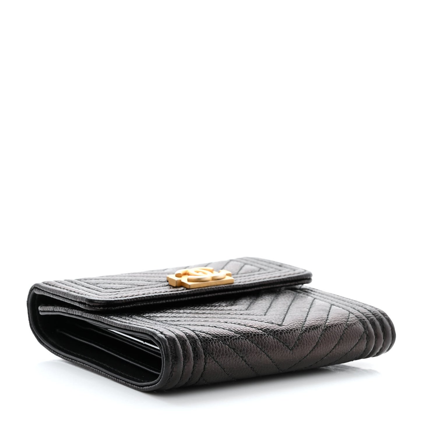 Caviar Chevron Quilted Boy Compact Wallet Black