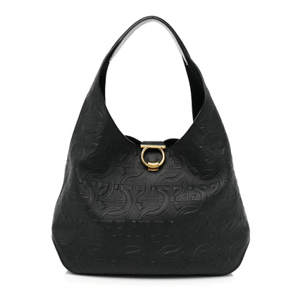 Salvatore Ferragamo Calfskin Embossed Gancini Hobo Black 1 of 16