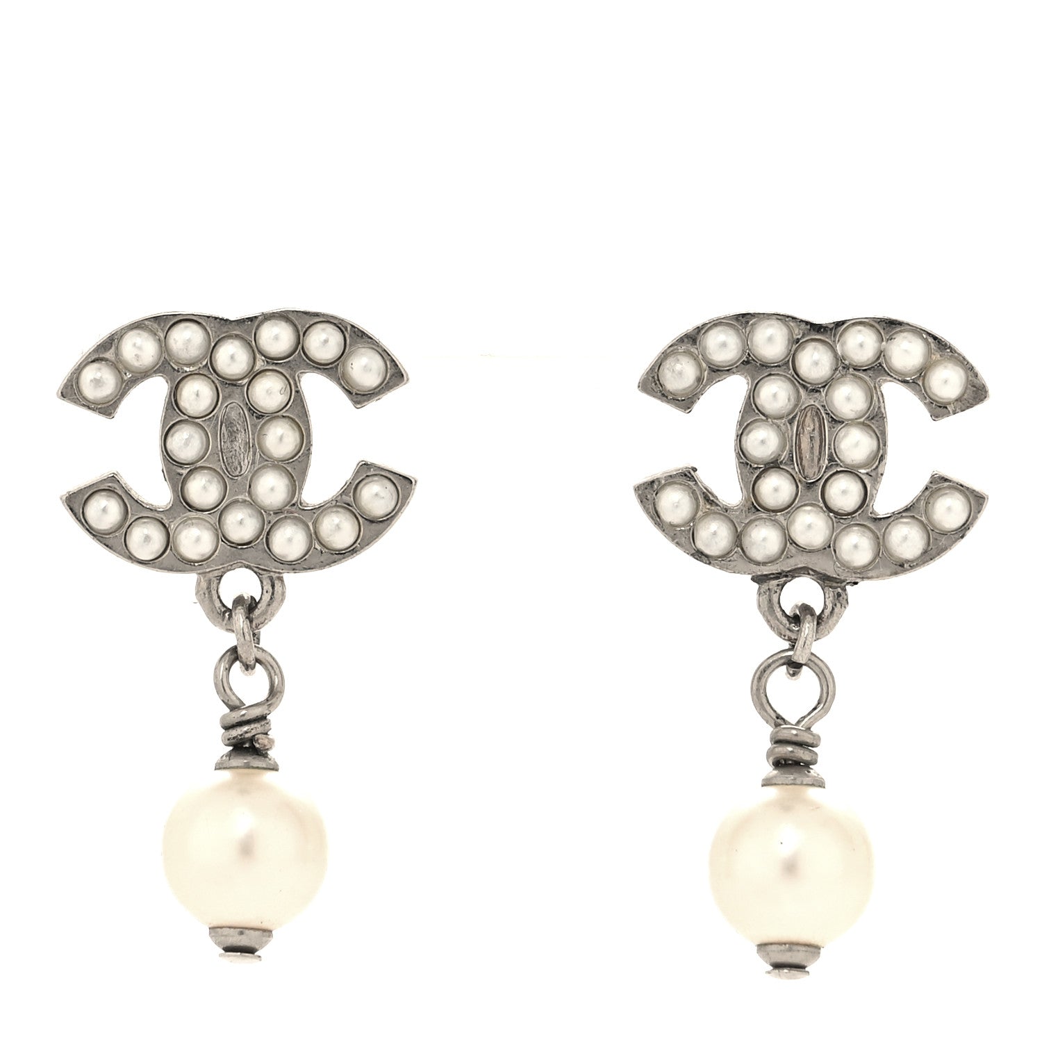 Chanel Crystal Pearl CC Drop Earrings Silver 1 of 4