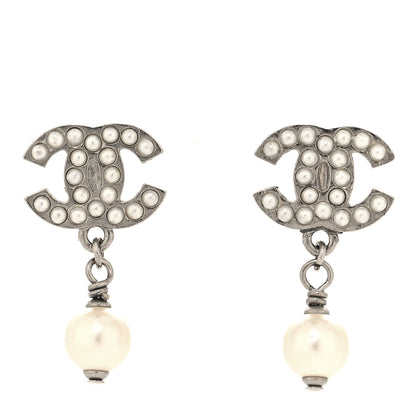 Chanel Crystal Pearl CC Drop Earrings Silver 1 of 4