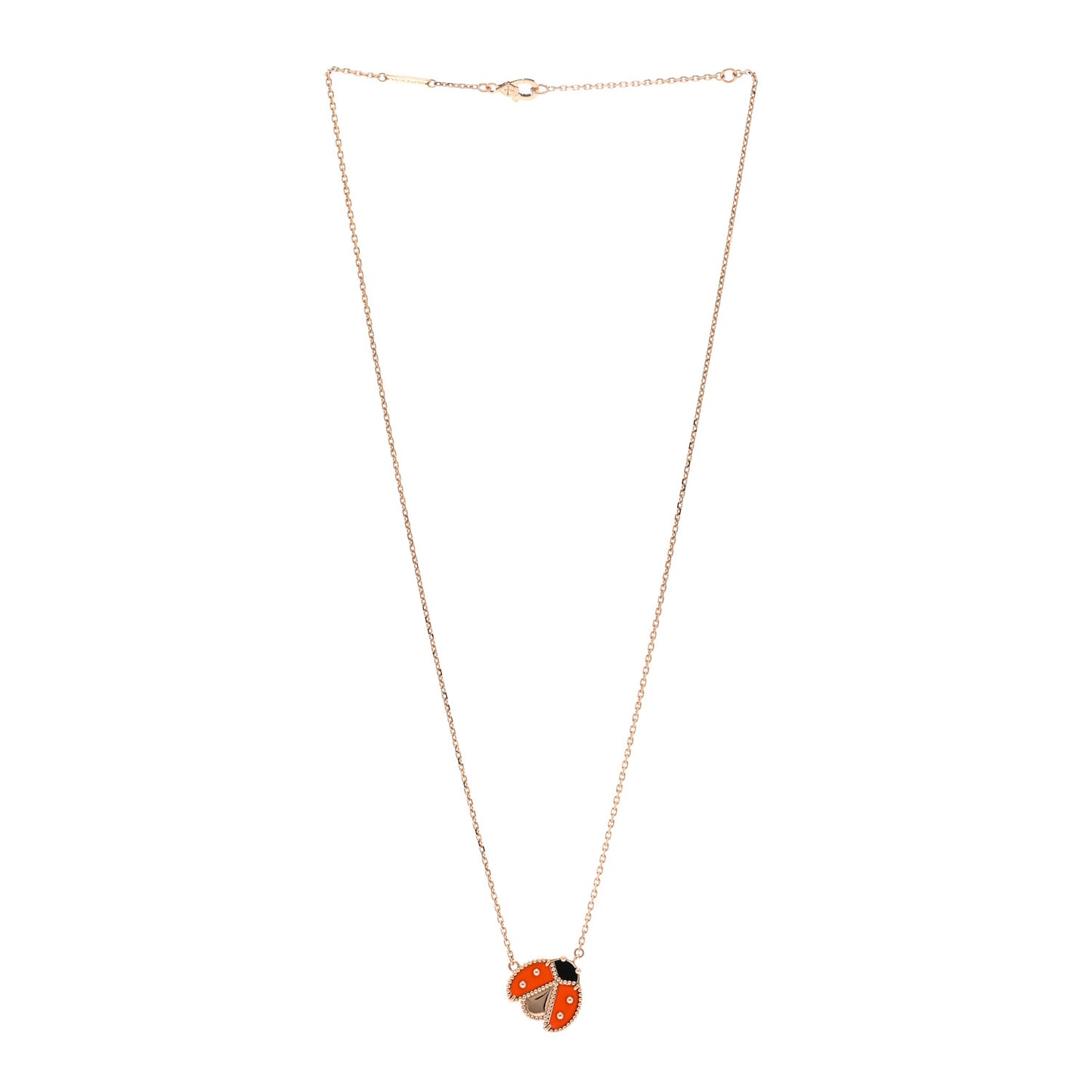 18K Rose Gold Carnelian Black Onyx Lucky Spring Open Wings Lady Bug Pendant Necklace