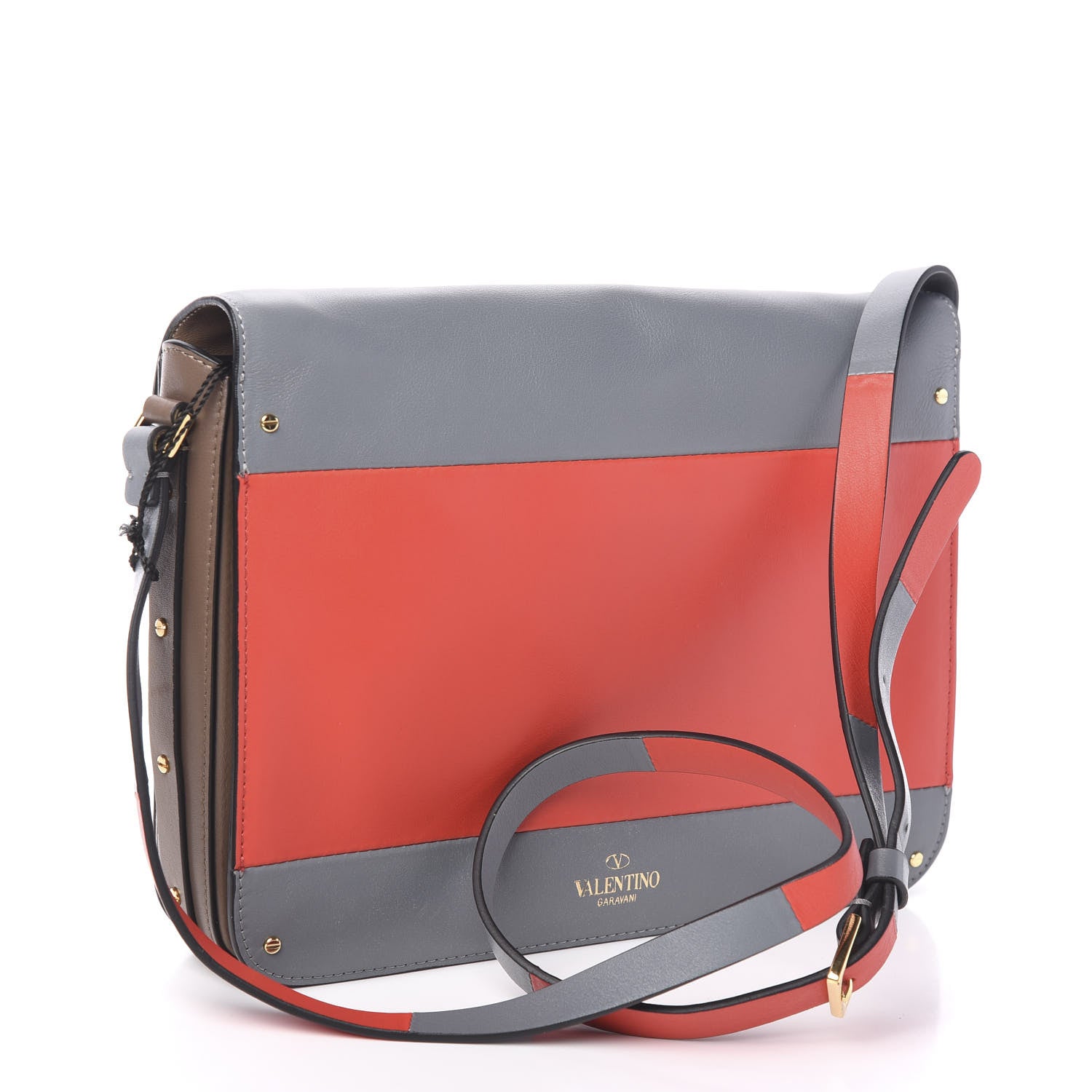Valentino Garavani Calfskin Rivet Colorblock Shoulder Bag Grey Red 2 of 8