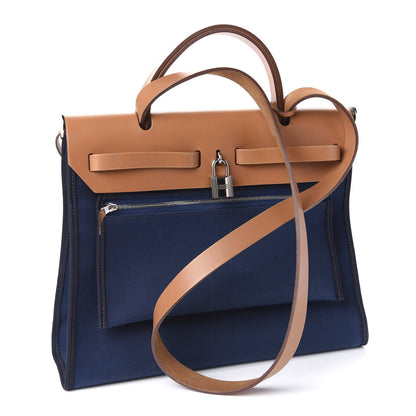 Hermes Vache Hunter Toile Herbag Zip 31 PM Bleu De Malte Natural 3 of 12