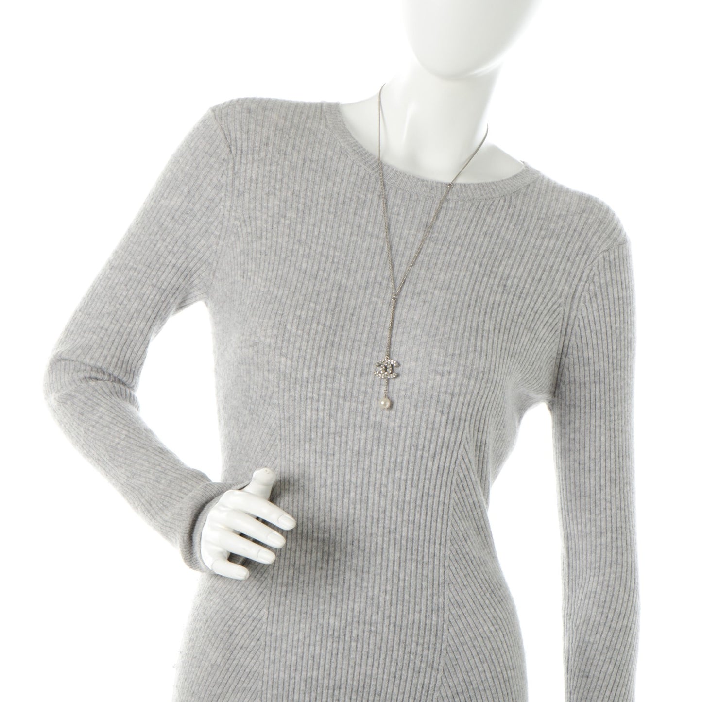 Baguette Crystal Pearl CC Lariat Necklace Silver