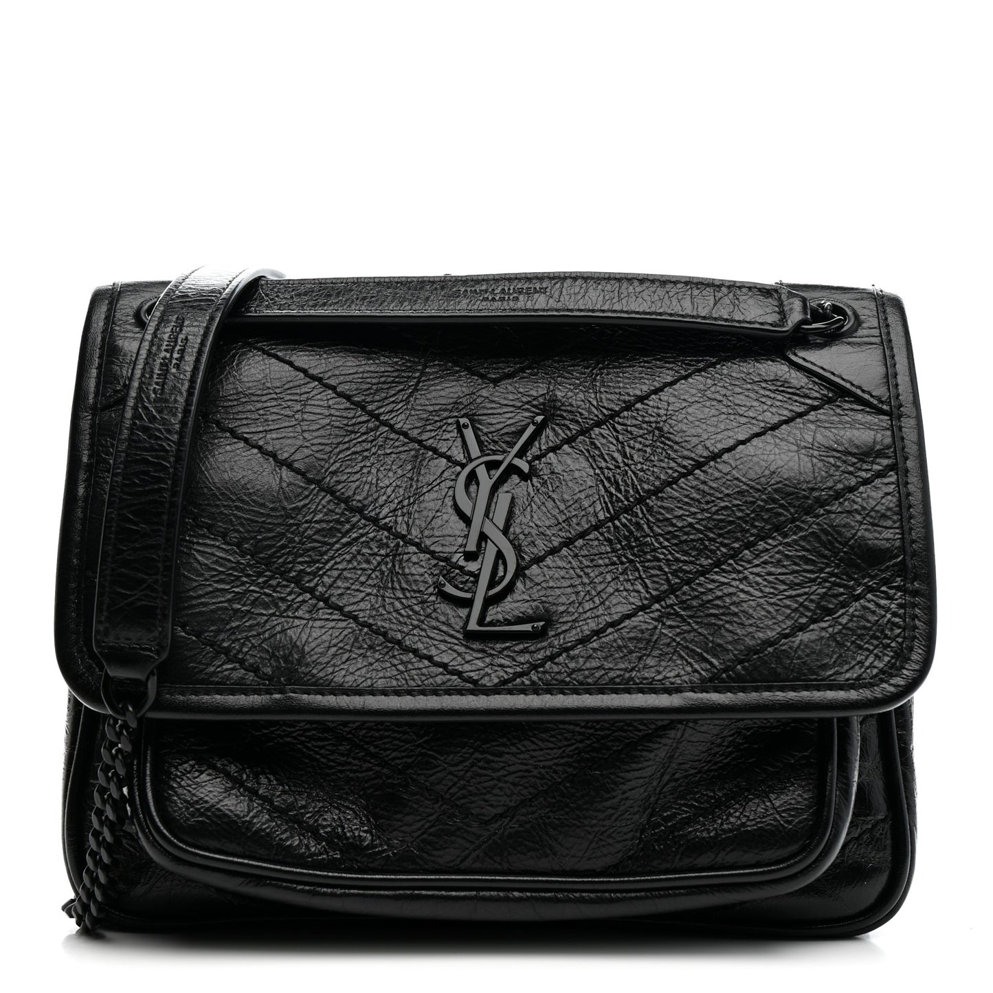 Crinkled Calfskin Matelasse Monogram Baby Niki Chain Satchel Black
