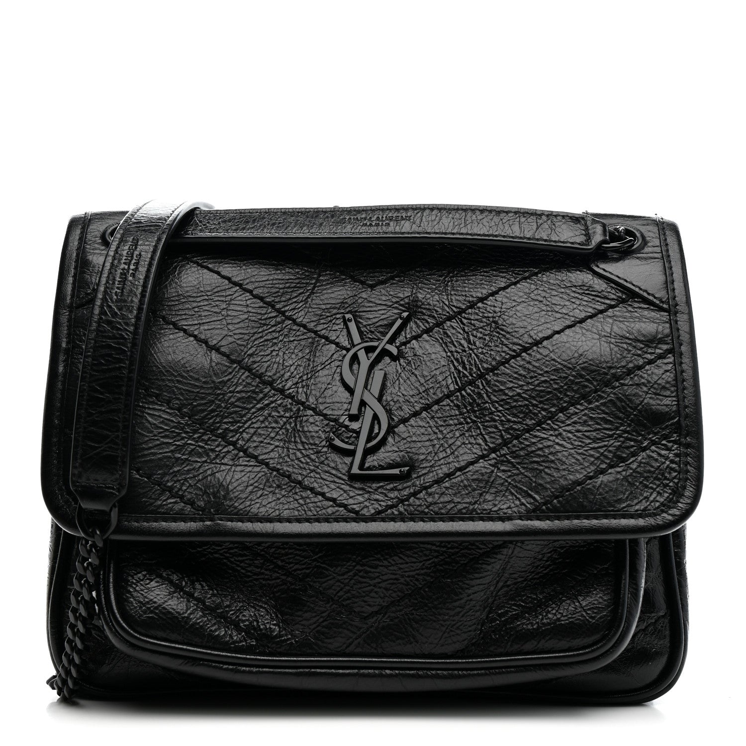 Saint Laurent Crinkled Calfskin Matelasse Monogram Baby Niki Chain Satchel Black 1 of 13