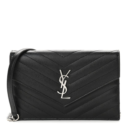 Saint Laurent Grain De Poudre Matelasse Chevron Monogram Envelope Chain Wallet Black 1 of 11