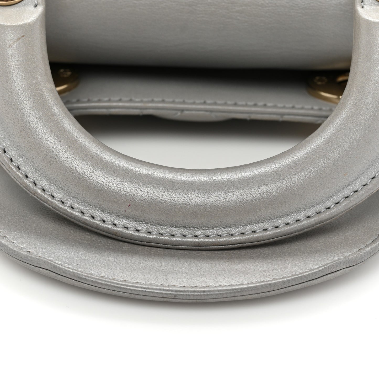Metallic Lambskin Cannage Mini Lady Dior Grey