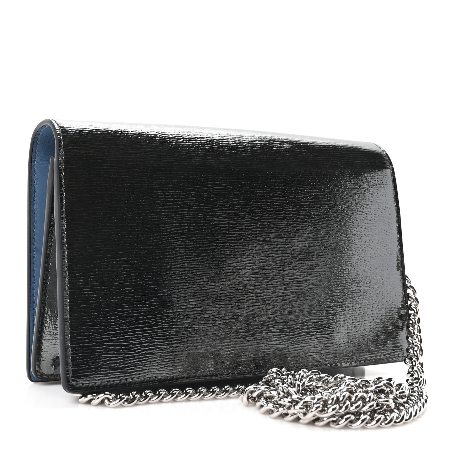 Textured Patent Bi-color GG Marmont Wallet on Chain  Silver Blue