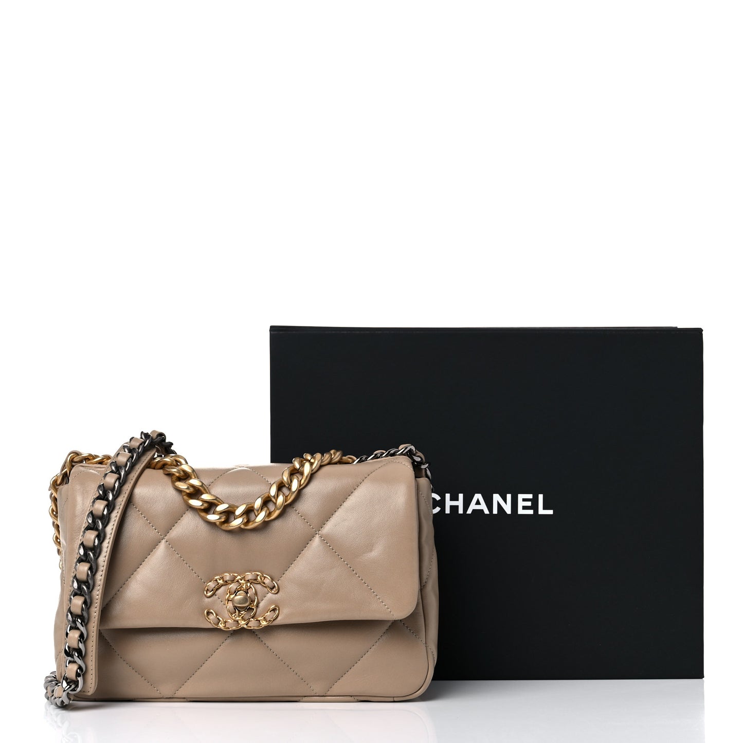 Lambskin Quilted Medium Chanel 19 Flap Dark Beige