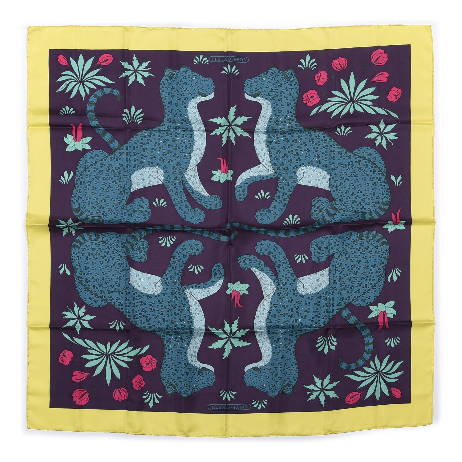 Hermes Silk Les Leopards Scarf 90 Jaune Vif Marine Canard 1 of 5