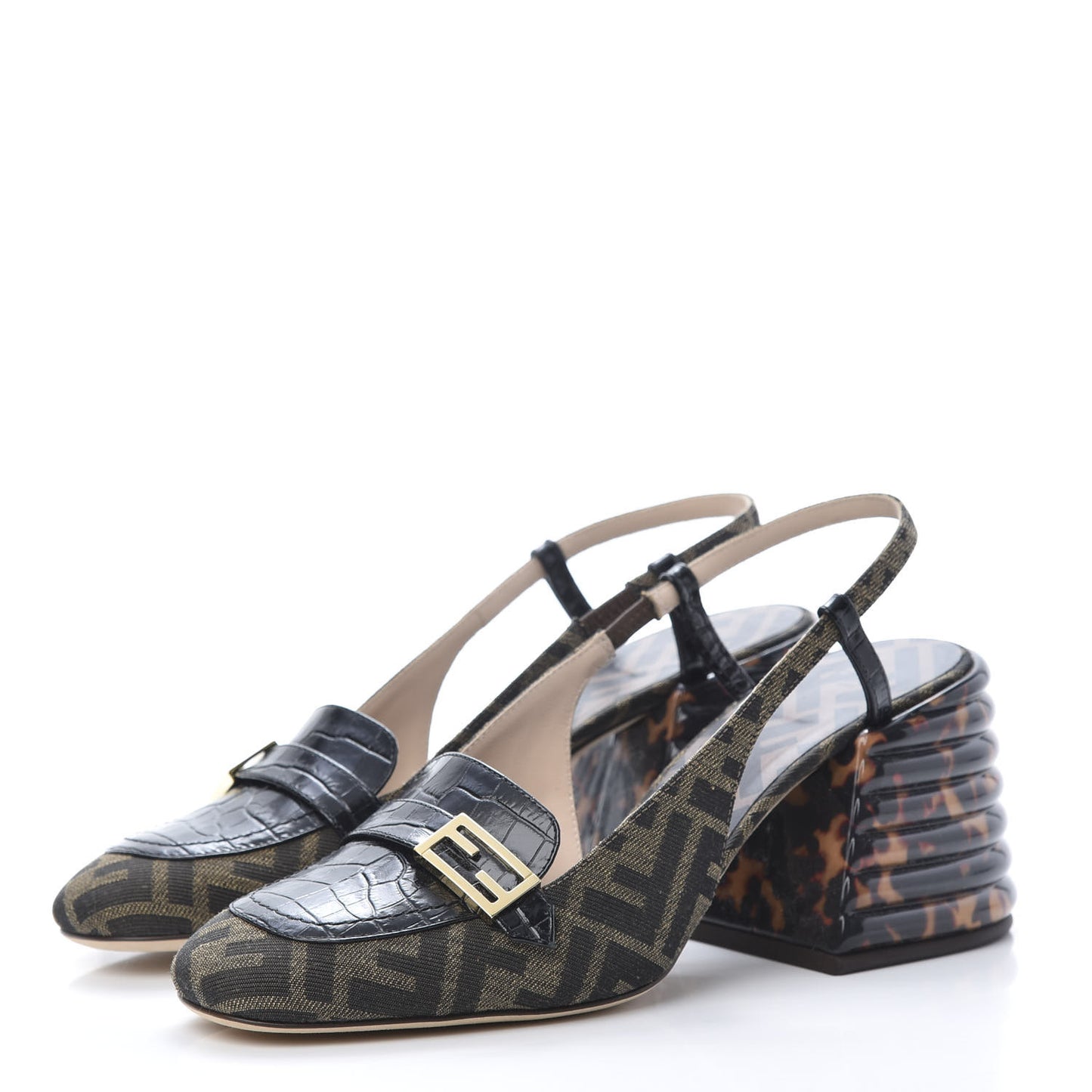 Jacquard Calfskin FF Tortoise Promenade Slingback Loafer Pumps 40 Tobacco