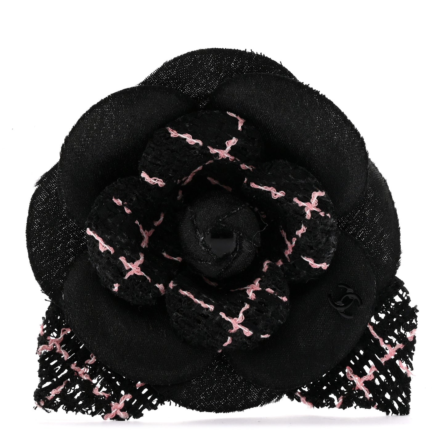 Tweed Camellia Pin Brooch Black Pink
