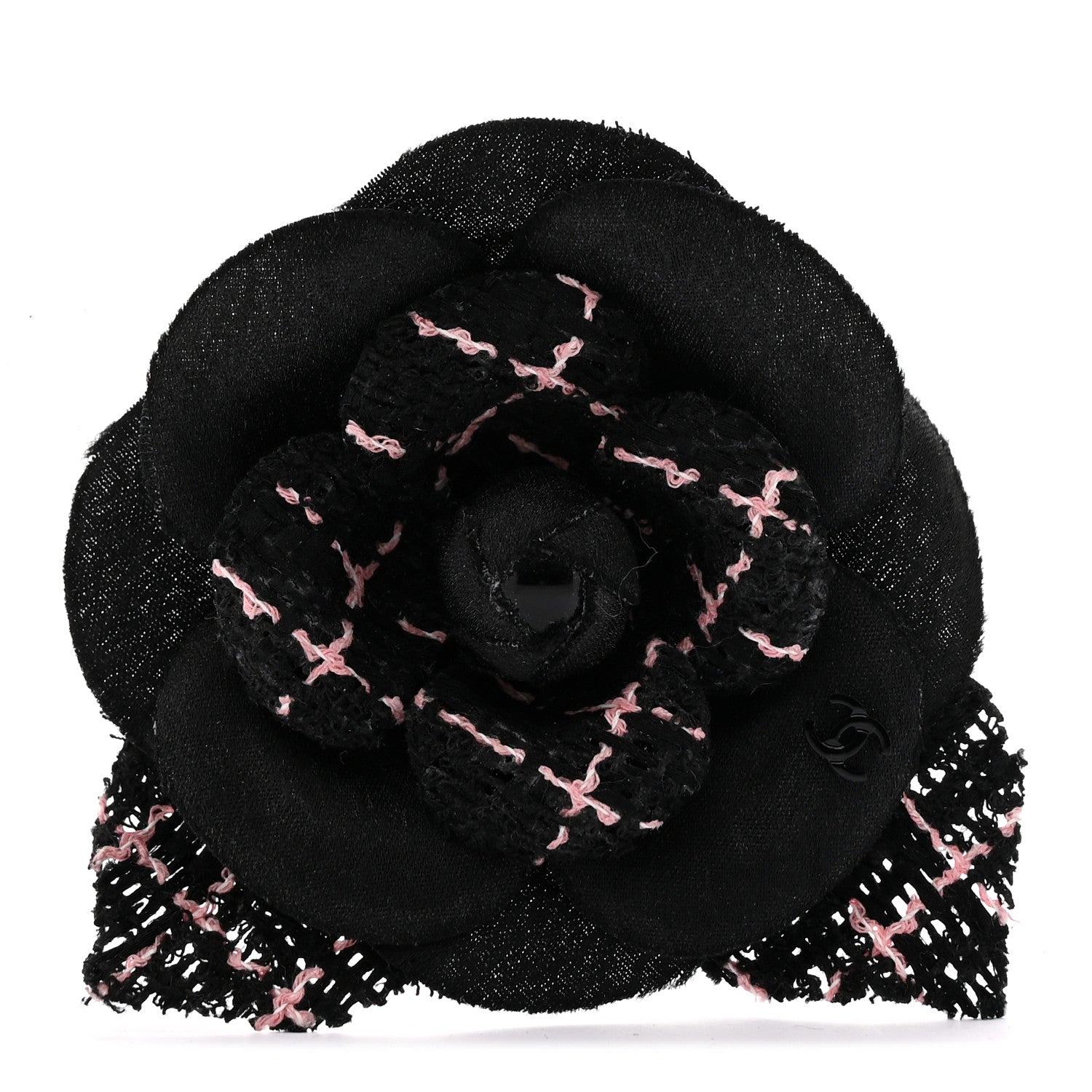 Chanel Tweed Camellia Pin Brooch Black Pink 1 of 3
