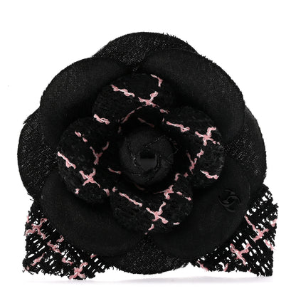 Chanel Tweed Camellia Pin Brooch Black Pink 1 of 3
