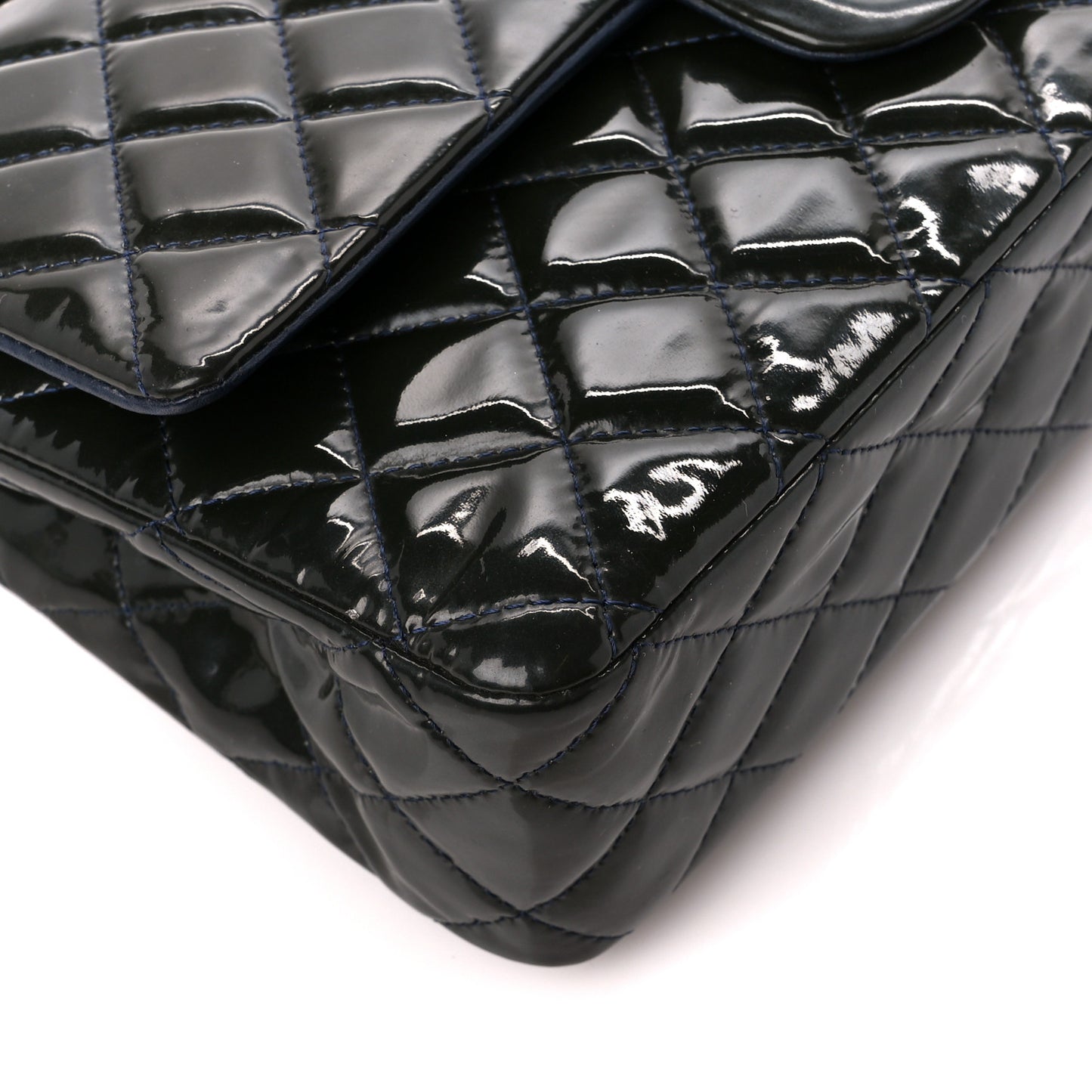 Patent Calfskin Quilted Bi-Color Medium Double Flap Navy Blue Black