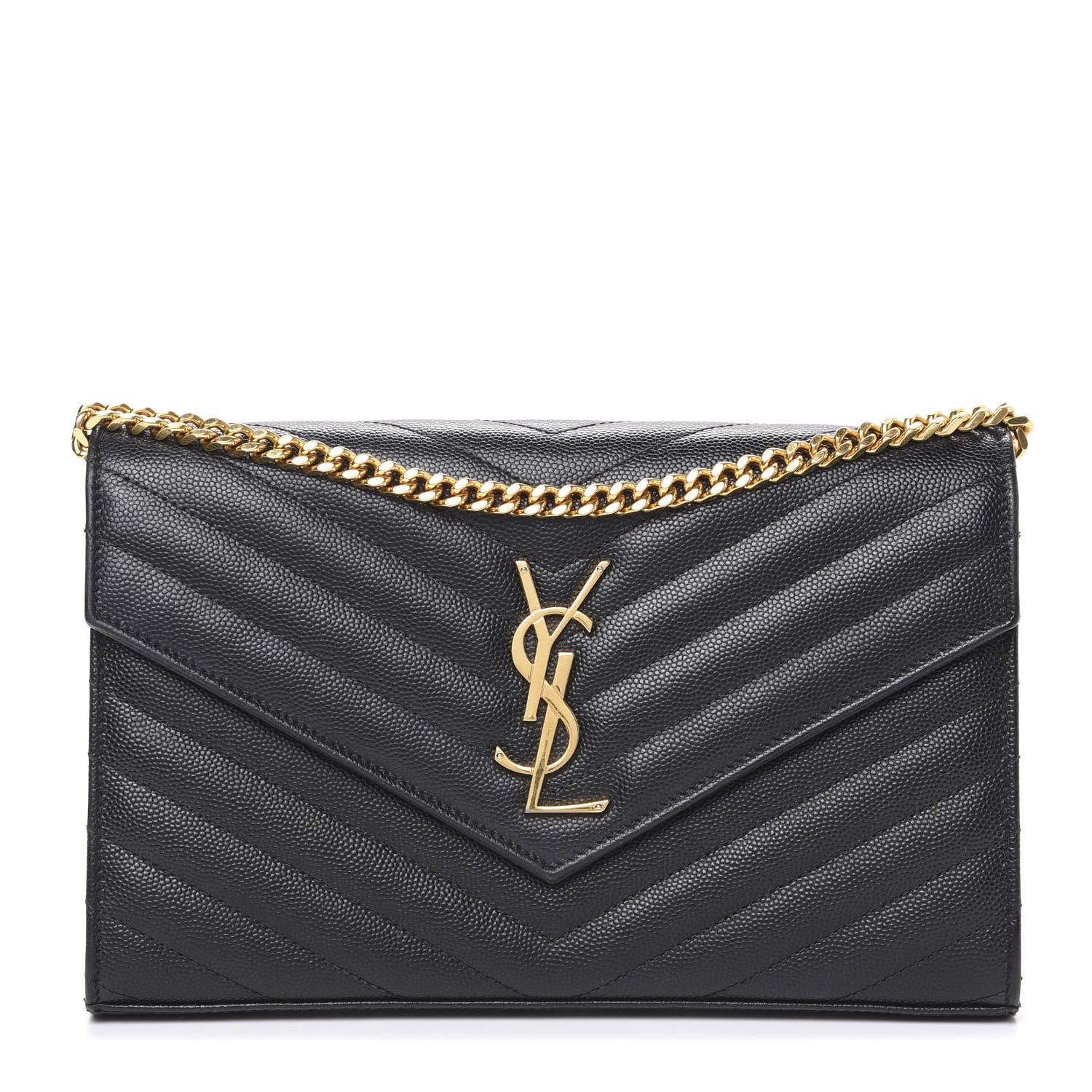 Saint Laurent Grain De Poudre Matelasse Chevron Monogram Chain Wallet Black 1 of 9