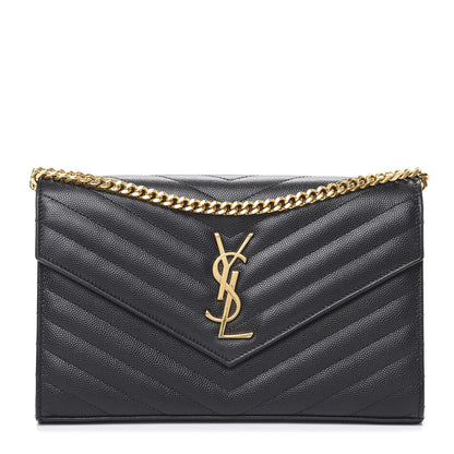 Saint Laurent Grain De Poudre Matelasse Chevron Monogram Chain Wallet Black 1 of 9
