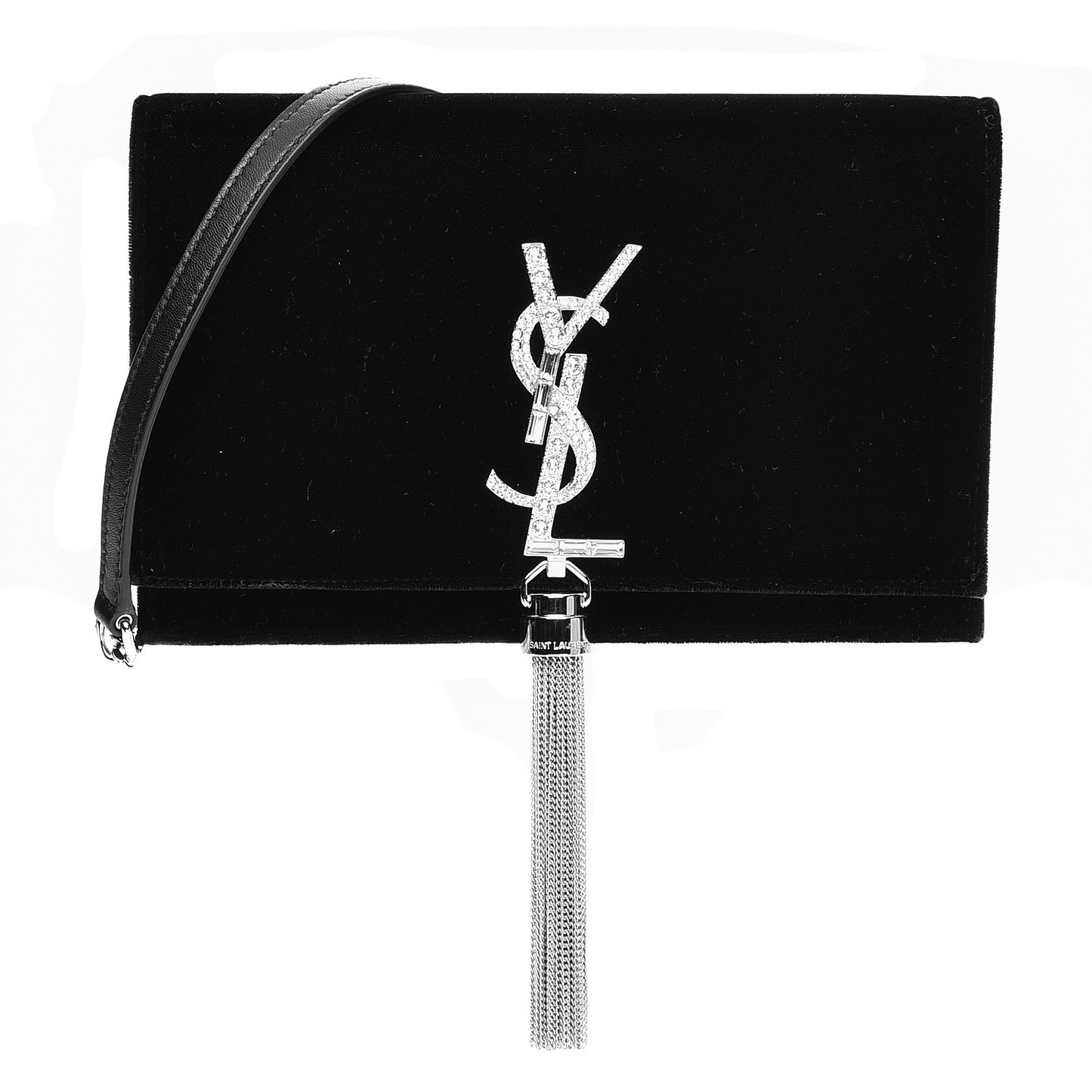 Velvet Crystal Monogram Tassel Chain Wallet Black