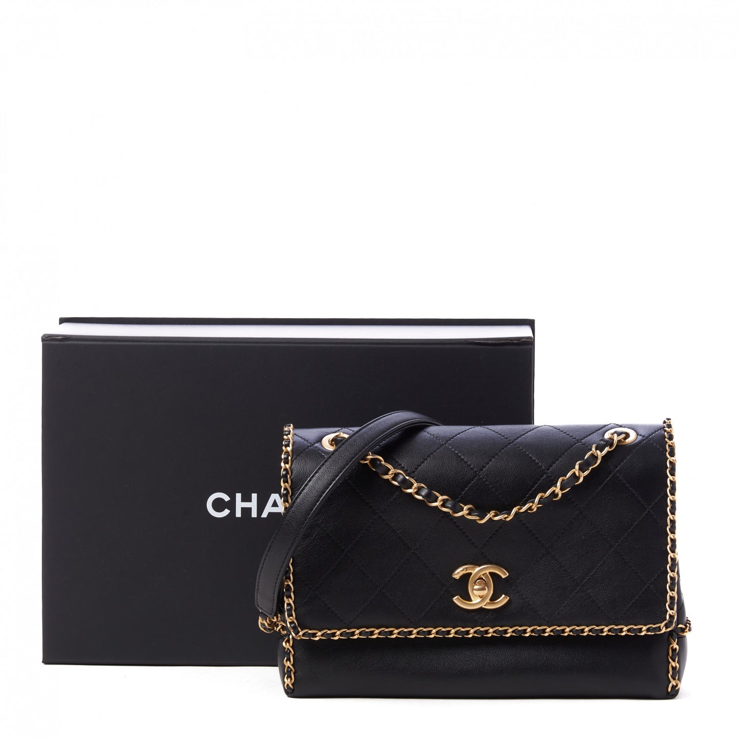 Calfskin Stitched Chain Flap Black
