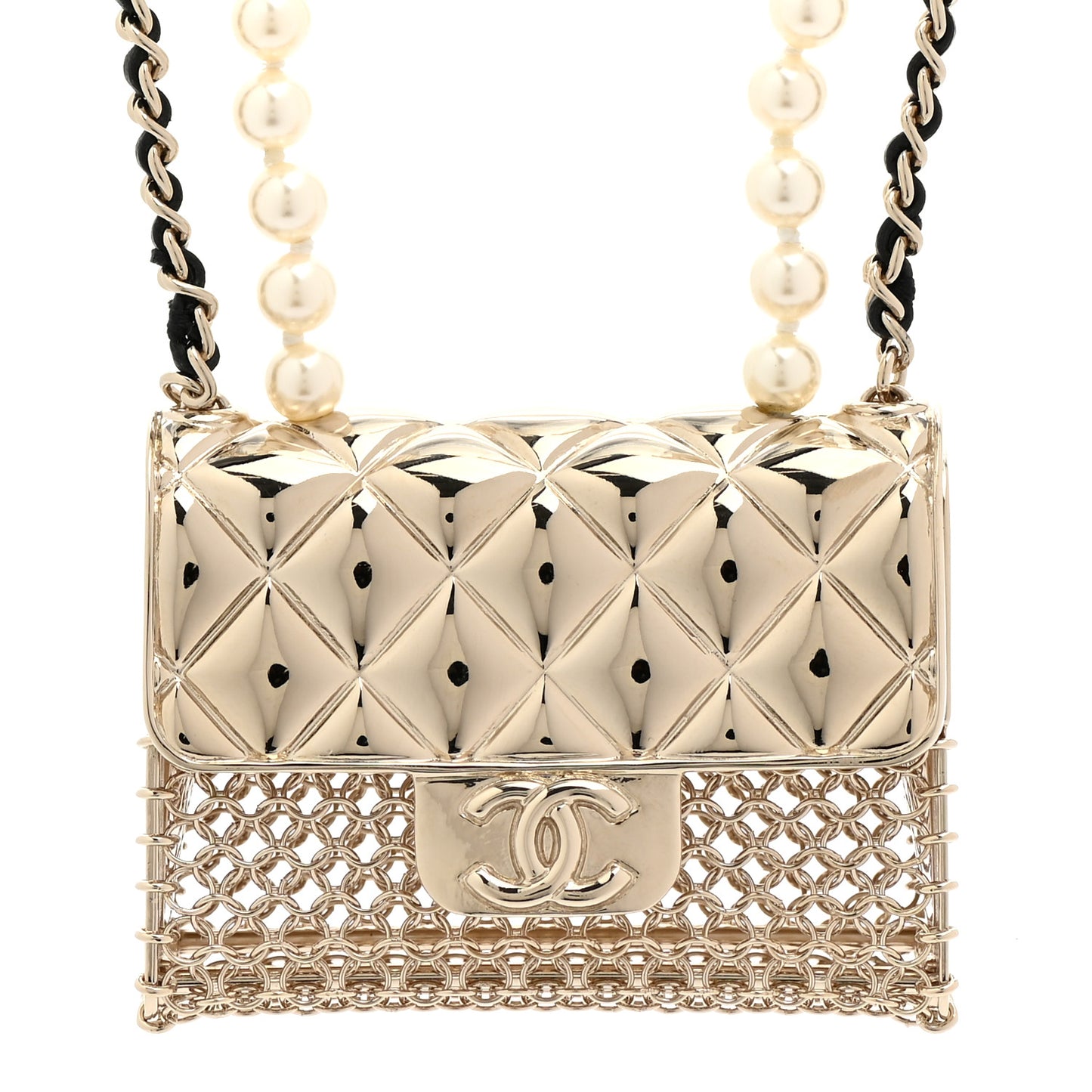 Metal Lambskin Pearl Chain Flap Bag Long Necklace Gold Black Pearly White