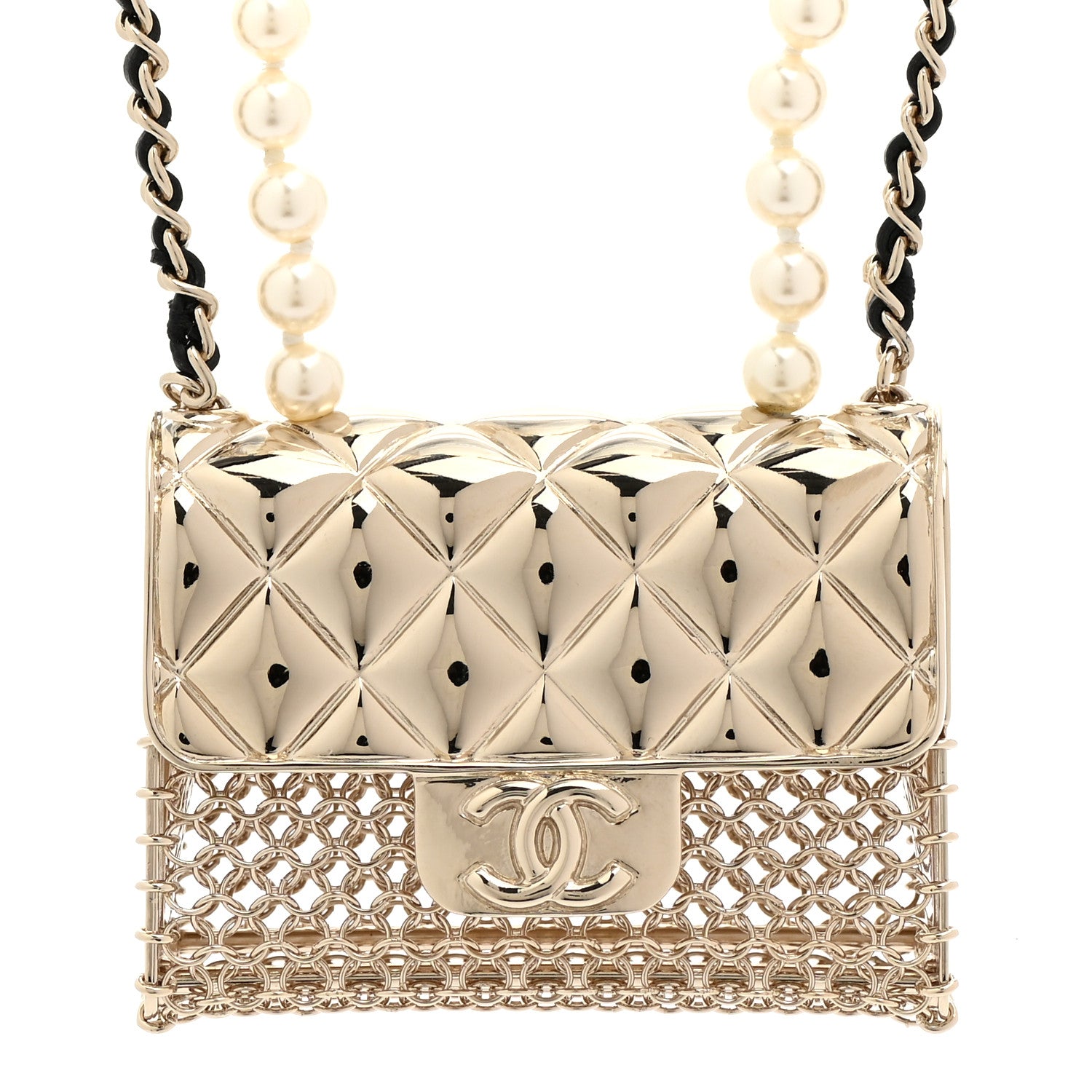 Chanel Metal Lambskin Pearl Chain Flap Bag Long Necklace Gold Black Pearly White 4 of 6